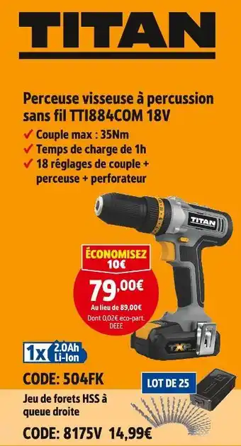 Screwfix TITAN Perceuse visseuse à percussion sans fil TTI884COM 18V offre