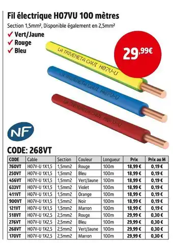 Screwfix Fil électrique H07VU 100 mètres offre