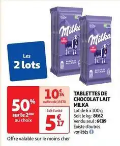 Auchan Supermarché Milka - tablettes de chocolat lait offre