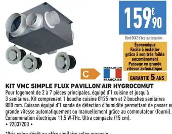 Brico Cash KIT VMC SIMPLE FLUX PAVILLON'AIR HYGROCOMUT offre