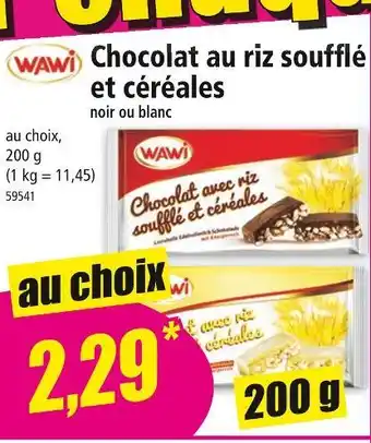 Norma WAWI Chocolat au riz soufflé et céréales noir ou blanc offre