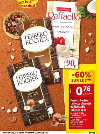 Lidl Ferrero Rocher tablette chocolat ou Raffaello tablette coco offre