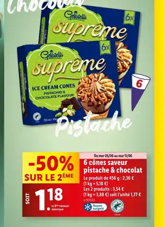 Lidl 6 cônes saveur pistache & chocolat offre