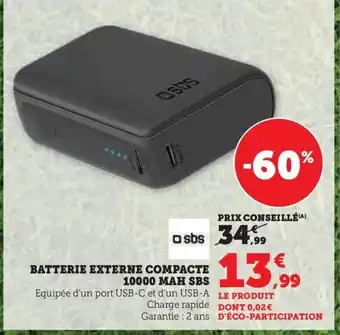 Super U BATTERIE EXTERNE COMPACTE 10000 MAH SBS offre