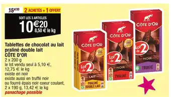 Cora x Carrefour CÔTE D'OR Tablettes de chocolat au lait praliné double lait offre