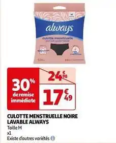 Auchan Always - culotte menstruelle noire lavable offre