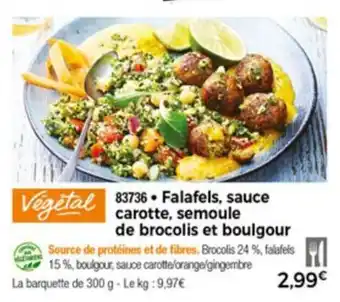 Falafels, sauce carotte, semoule de brocolis et boulgour