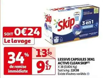 Auchan Skip - lessive capsules 3en1 active offre