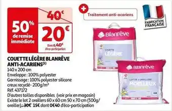 Auchan Blanrêve - couette couette légère anti acariens offre