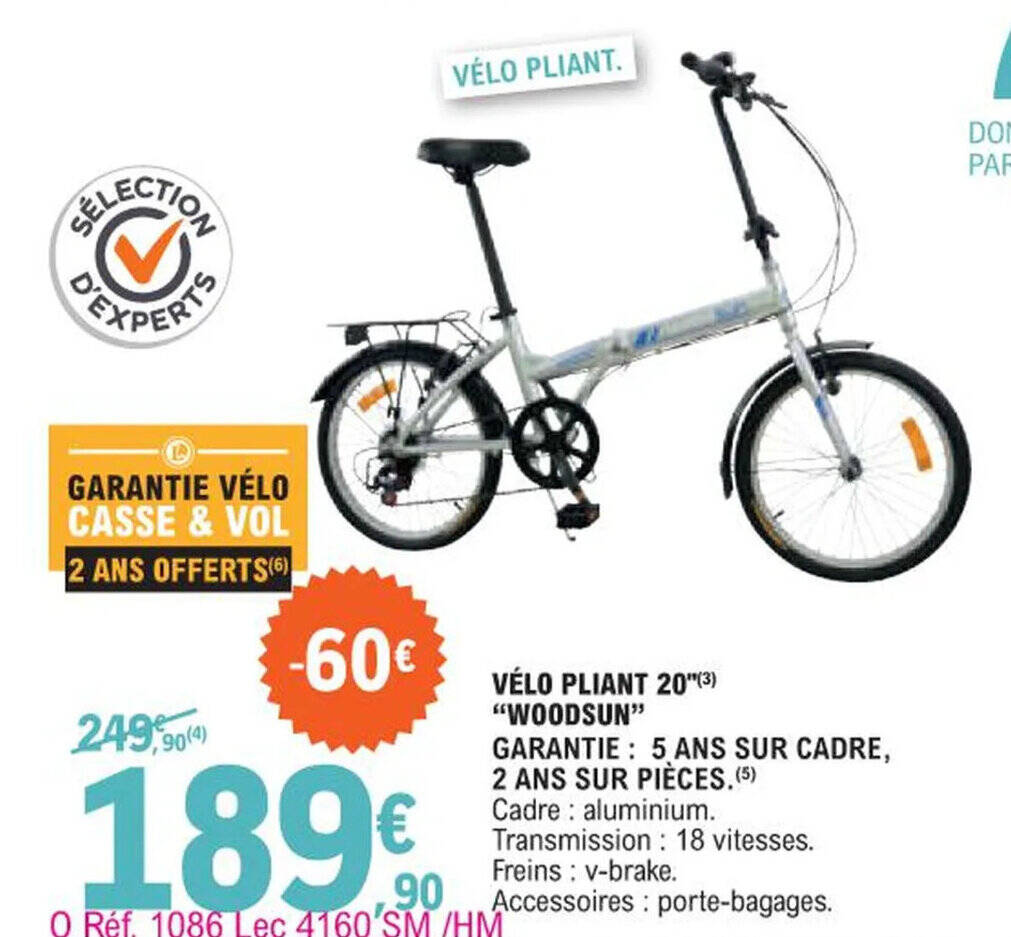 Promo VELO PLIANT 20 3 WOODSUN GARANTIE 5 ANS SUR CADRE 2 ANS SUR PIECES. 5 chez E.Leclerc