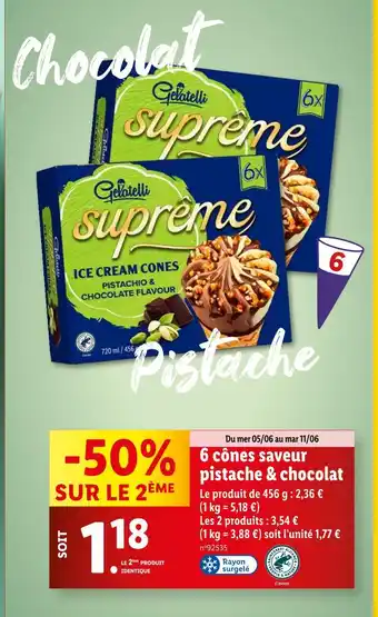 Lidl GELATELLI 6 cônes saveur pistache & chocolat offre