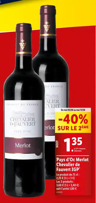 Lidl Pays d’Oc Merlot Chevalier de Fauvert IGP offre