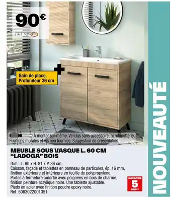 Brico Dépôt MEUBLE SOUS VASQUE L. 60 CM “LADOGA” BOIS offre