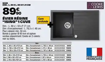 Brico Dépôt COOKE & LEWIS ÉVIER RÉSINE “ISING” 1 CUVE offre