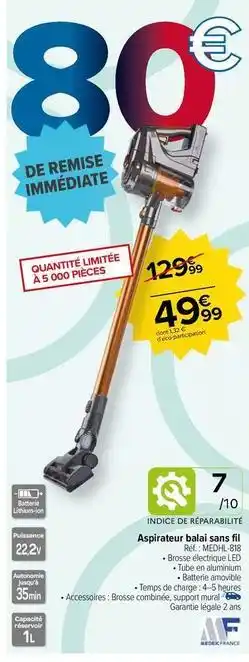 Carrefour Medek france - aspirateur balai sans fil medhl-818 offre