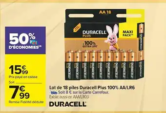 Carrefour Market Duracell lot de 18 piles plus 100% aa/lr6 offre
