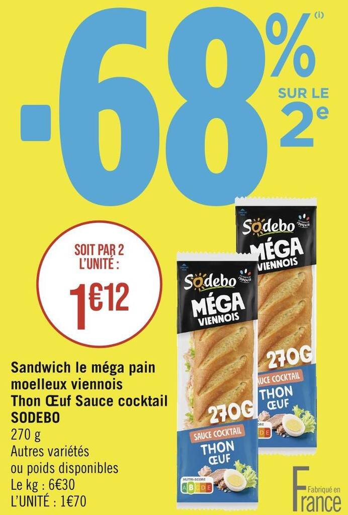 Promo SODEBO Sandwich le méga pain moelleux viennois Thon Œuf Sauce