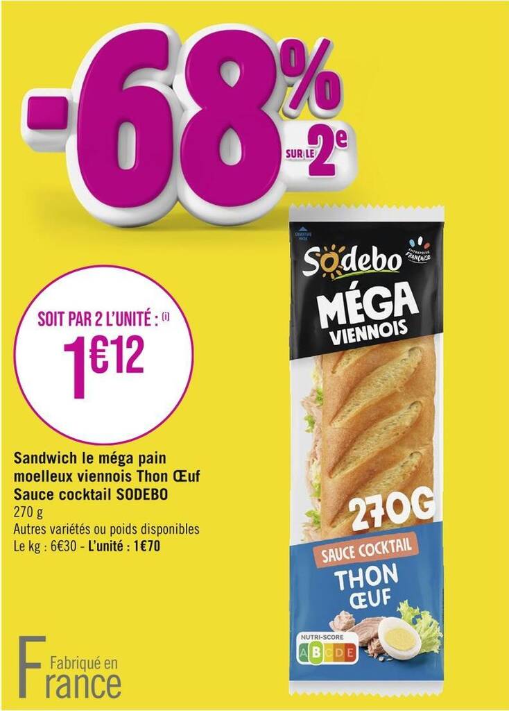 Promo SODEBO Sandwich le méga pain moelleux viennois Thon Œuf Sauce