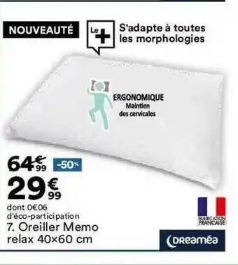 BUT Oreiller Memo Relax 40 X 60 Cm Dreaméa offre