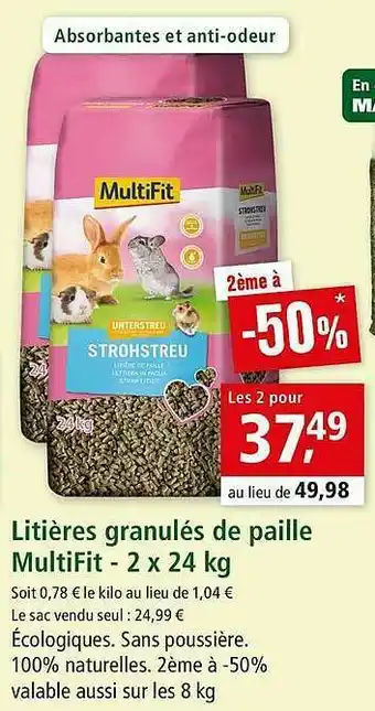 Maxi Zoo Litières Granulés De Paille MultiFit - 2 X 24 Kg offre