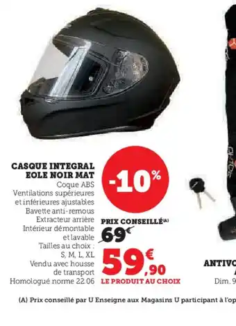 Hyper U CASQUE INTEGRAL EOLE NOIR MAT Coque ABS offre