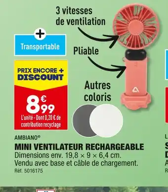 ALDI AMBIANO MINI VENTILATEUR RECHARGEABLE offre
