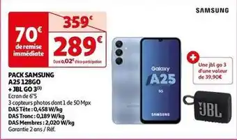 Auchan Samsung - pack a25 128go +jbl go 3 offre