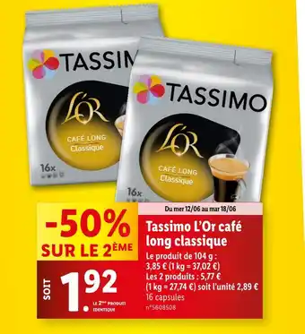 Lidl L’Or Tassimo café long classique offre