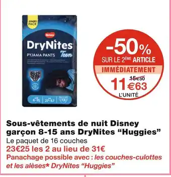 Monoprix Huggies Sous-vêtements de nuit Disney garçon 8-15 ans DryNites offre