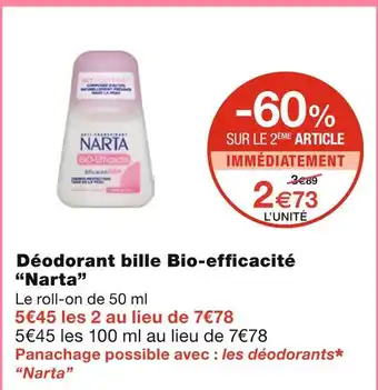 Monoprix Narta Déodorant bille Bio-efficacité offre