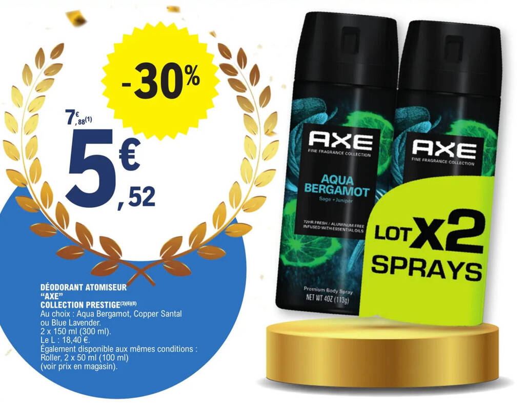 Promo DÉODORANT ATOMISEUR "AXE" COLLECTION PRESTIGE(3)(6)(8) chez E.Leclerc