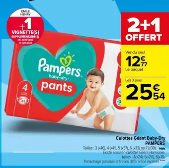 Carrefour Culottes Géant Baby-Dry Pampers offre