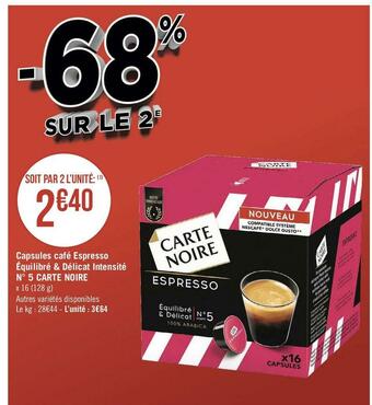 Géant Casino Carte noire capsules café espresso équilibré & délicat intensité n° 5 offre