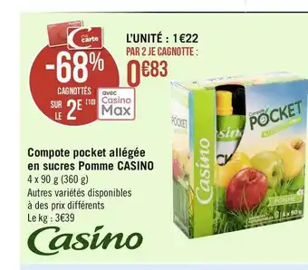 Géant Casino Casino compote pocket allégée en sucres pomme offre