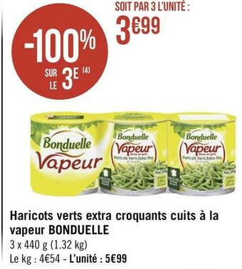 Géant Casino Bonduelle haricots verts extra croquants cuits à la vapeur offre