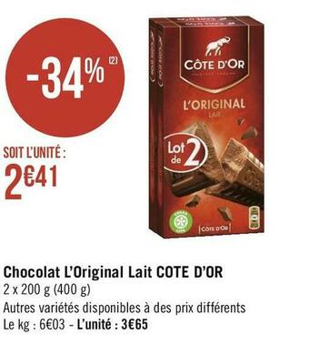 Géant Casino Cote d’or chocolat l’original lait offre