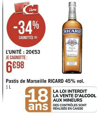 Géant Casino Ricard pastis de marseille 45% vol. offre