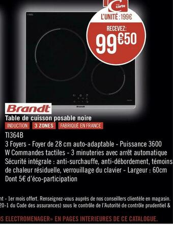 Géant Casino Brandt table de cuisson posable noire offre