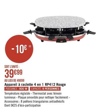 Géant Casino Appareil à raclette 4 en 1 rp412 rouge offre