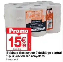 Promocash Bobines d'essuyage à dévidage central 2 plis 255 feuilles recyclées offre