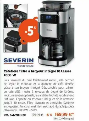 Mathon Cafetière Filtre à Broyeur Intégré 10 Tasses 1000 W Severin offre