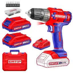 E.Leclerc Perceuse Visseuse Sans Fil EMTOP 20V, avec 1 chargeur + 2 Batteries Lithium-ion 2.0Ah 45Nm 15+1 Réglages de Couple 2 Vitesses offre