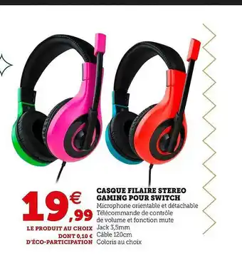 Hyper U Casque Filaire Stereo Gaming Pour Switch offre