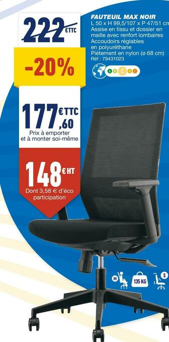 Bureau Vallée Fauteuil max noir offre