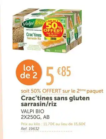 L'Eau Vive Valpi bio crac’tines sans gluten sarrasin/riz offre
