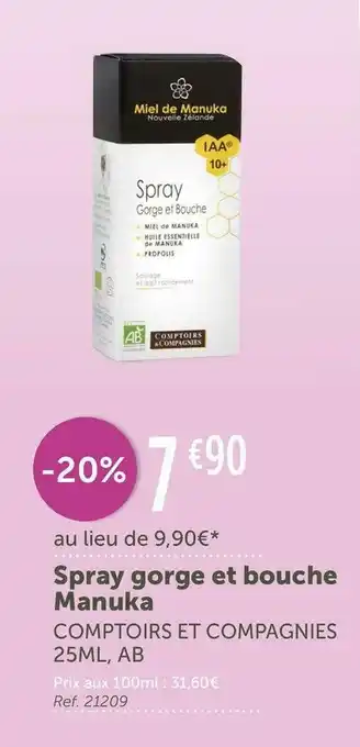 L'Eau Vive Comptoirs et compagnies spray gorge et bouche manuka offre