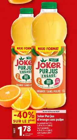 Lidl Joker Pur jus d'orange sans pulpe offre