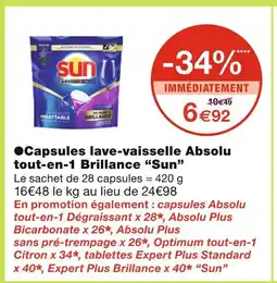 Monoprix Sun ● Capsules lave-vaisselle Absolu tout-en-1 Brillance offre