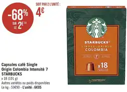 Casino Supermarchés STARBUCKS Capsules café Single Origin Colombia Intensité 7 offre