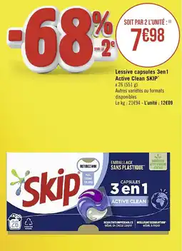 Casino Supermarchés Lessive capsules 3en1 Active Clean SKIP* offre